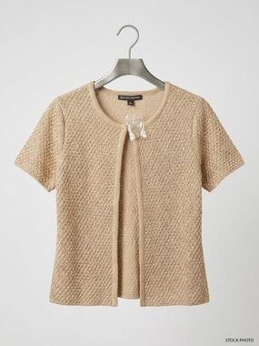 Boston Proper Beige Short-Sleeve Open Knit Sequin Cardigan Size Small - NWT